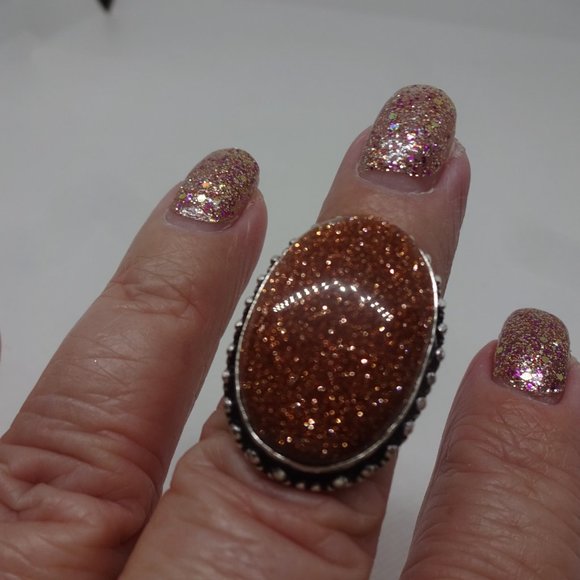 Sparkling "GOLD SUNSTONE" Handmade Sterling Ring Size 7 #269A - Picture 3 of 3
